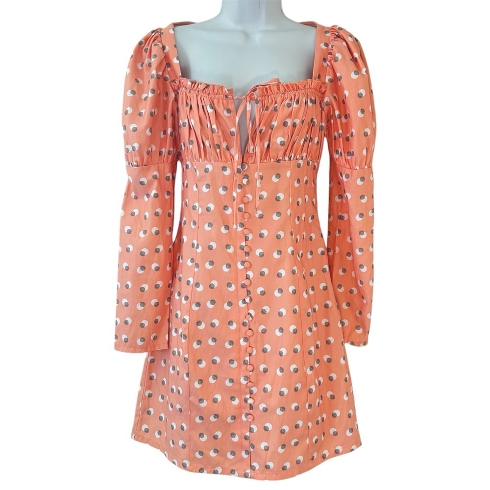 EGGIE Puff Sleeve Milkmaid Babydoll Dress Size S Peach Dot Twee NWT